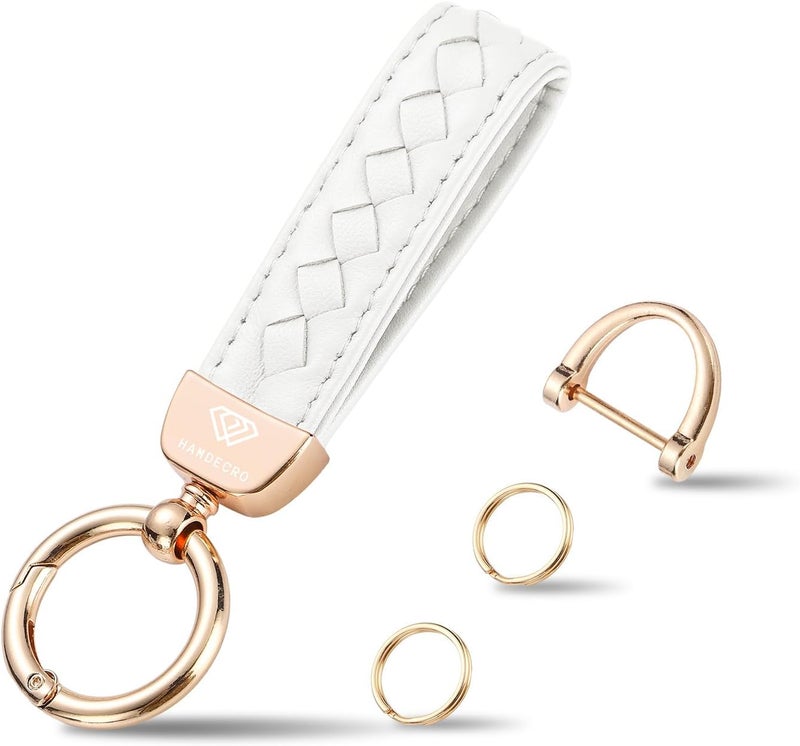 Hamdecro Store Genuine Leather Car Keychain, Handmade Knit Sheepskin Key chains for Women, Universal Key Fob Holder with 360 Degree Rotatable, Anti-Lost D-Ring, 2 Keyrings and 1 Screwdriver – White - Image 1